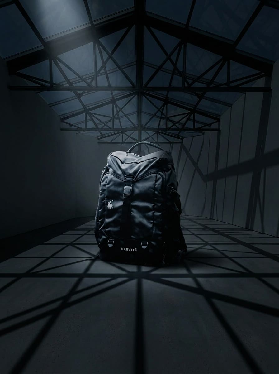 backpack photoshoot in Geometric Shadow Architecture, Dark & Moody style