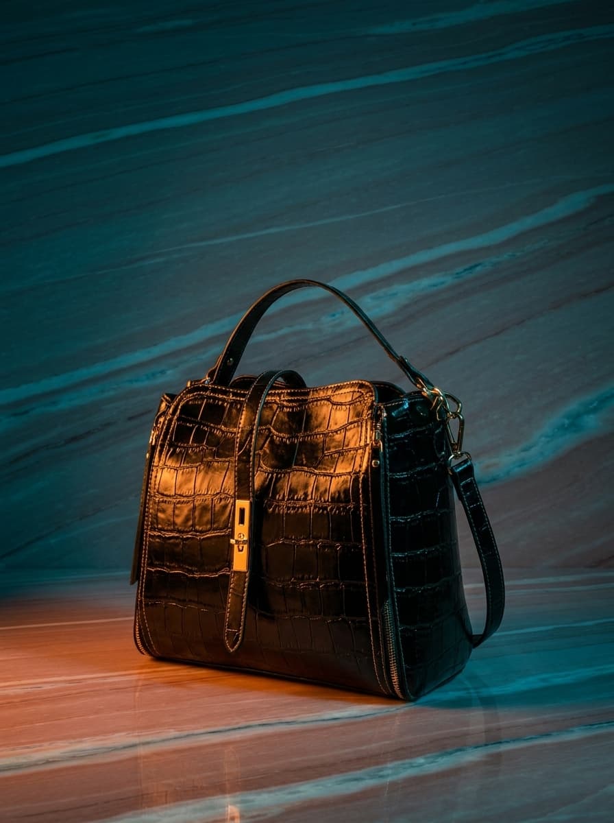 bag photoshoot in Rosa Portogallo Marble — Warm Blush Stone, Cinematic style