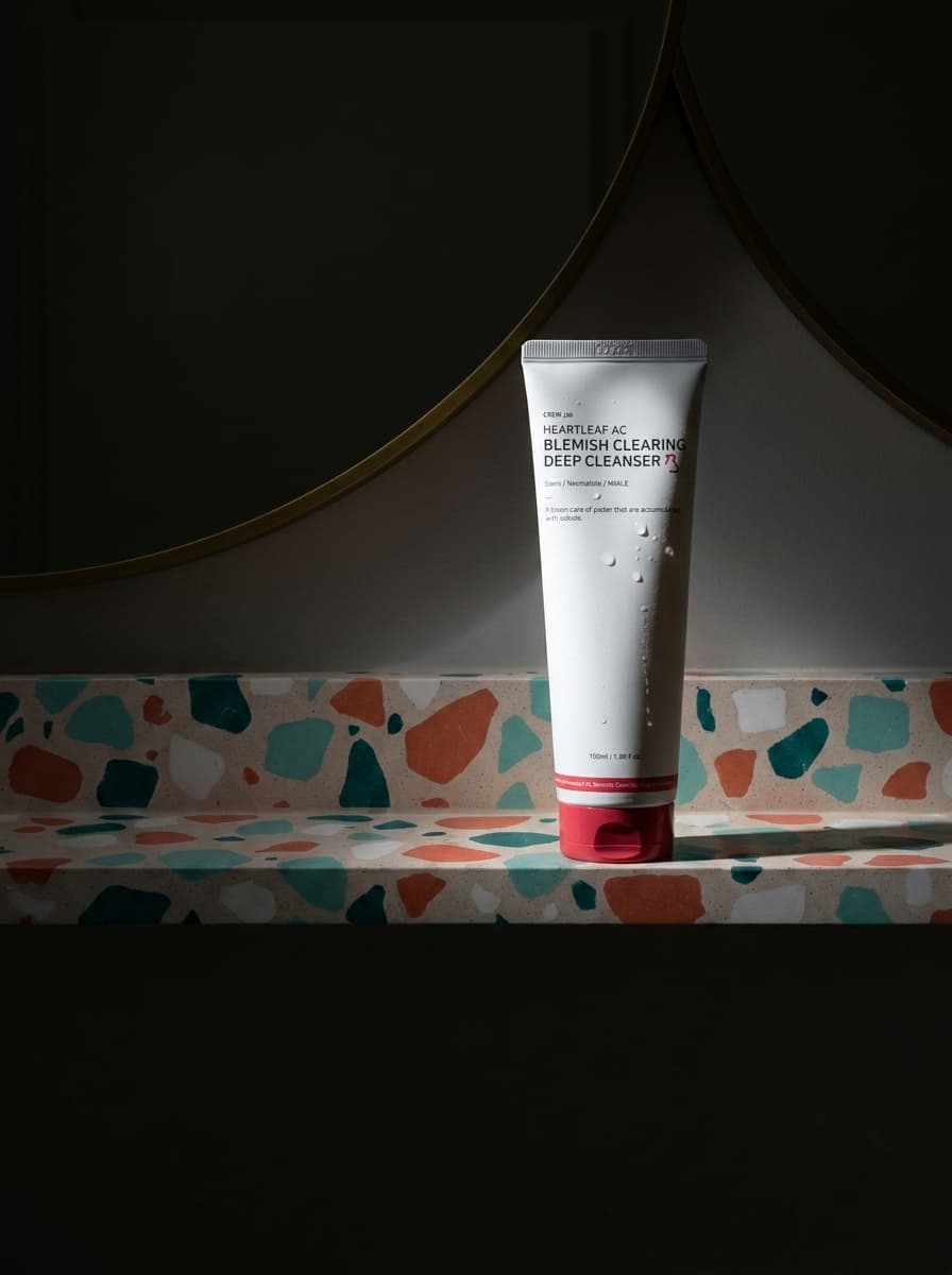face_wash photoshoot in Terrazzo Bathroom Shelf — Modern Mix, Dark & Moody style