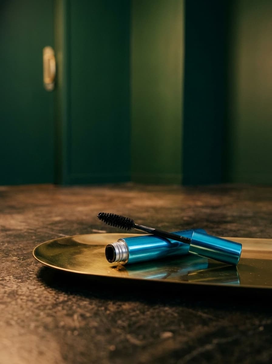 mascara photoshoot in Dark Green Studio with Brass, Analog Film style