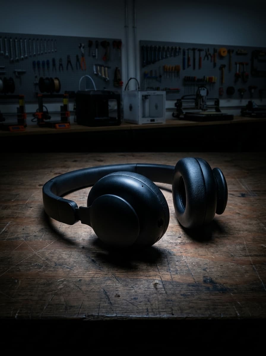headphones photoshoot in Maker Space Open Workshop, Luxury Dark style