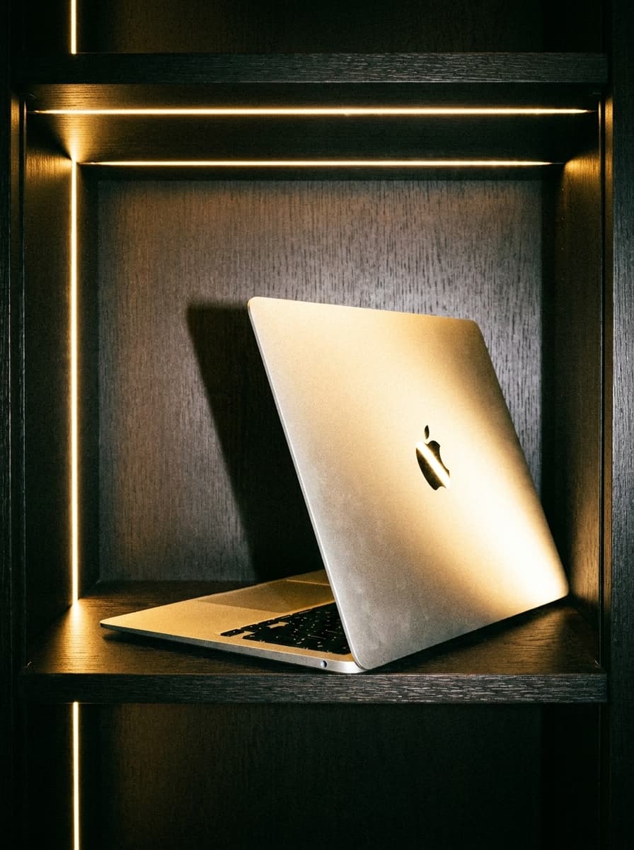 laptop photoshoot in Dark Wood Display Case — Curated, Disposable Camera style
