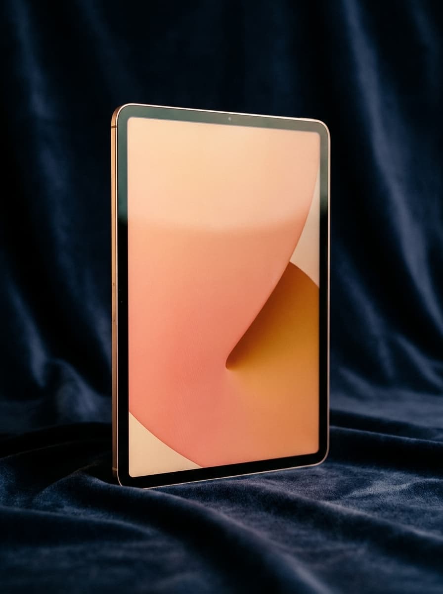 tablet photoshoot in Dark Navy Velvet — Rich Depth, Analog Film style