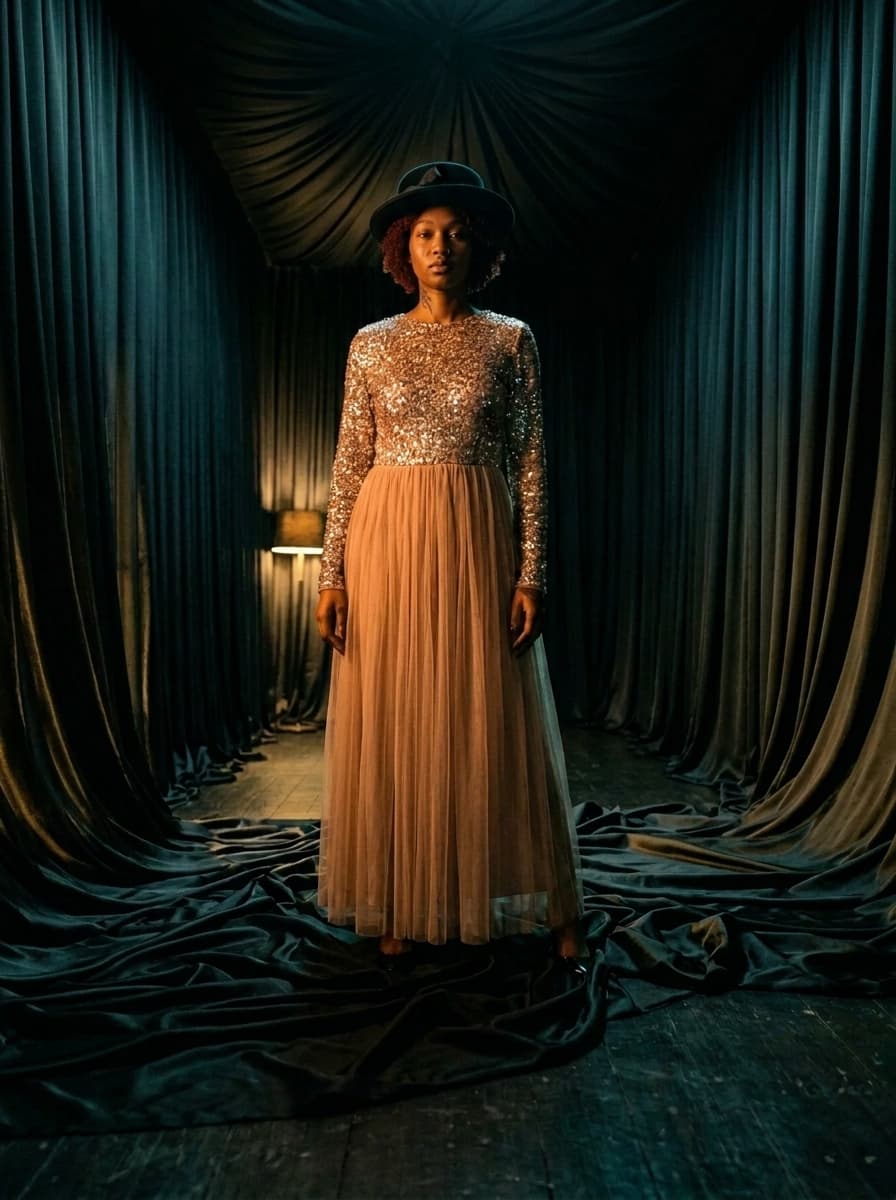 dress photoshoot with Shanty in Black Silk Draped Interior, Cinematic style