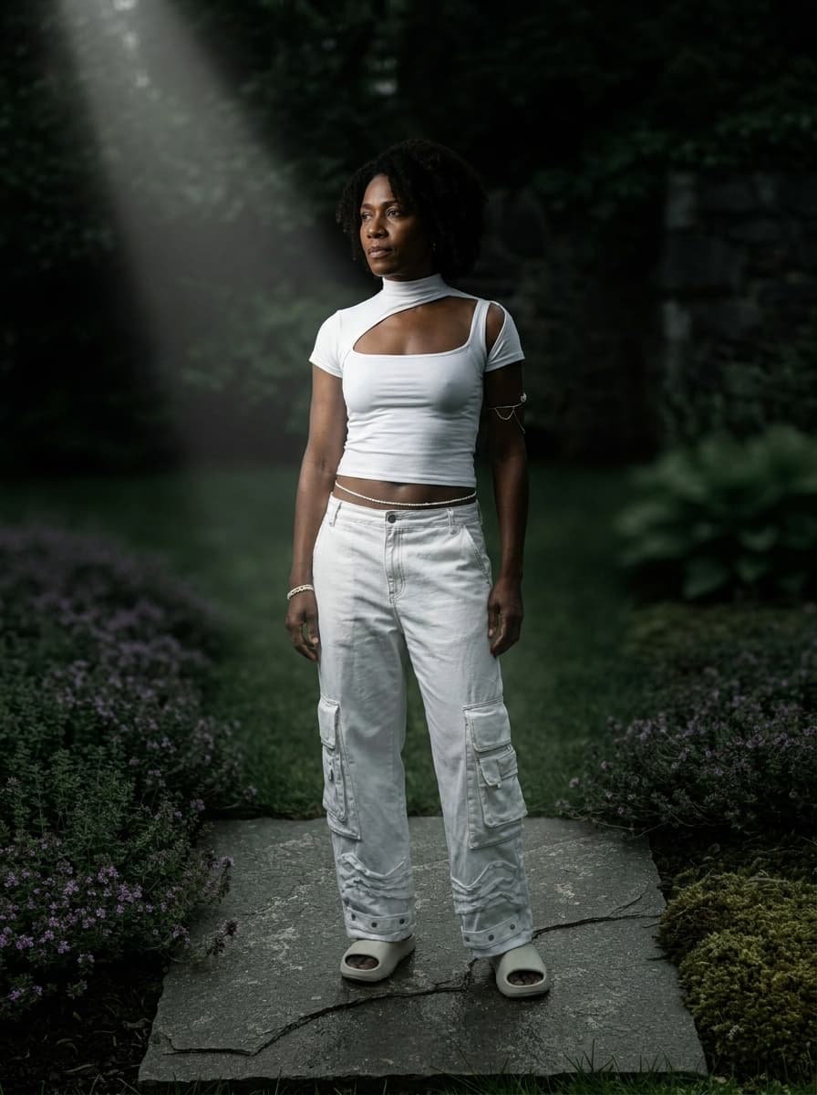 pants photoshoot with Solange in Garden Stone Path — Overcast Calm, Dark & Moody style
