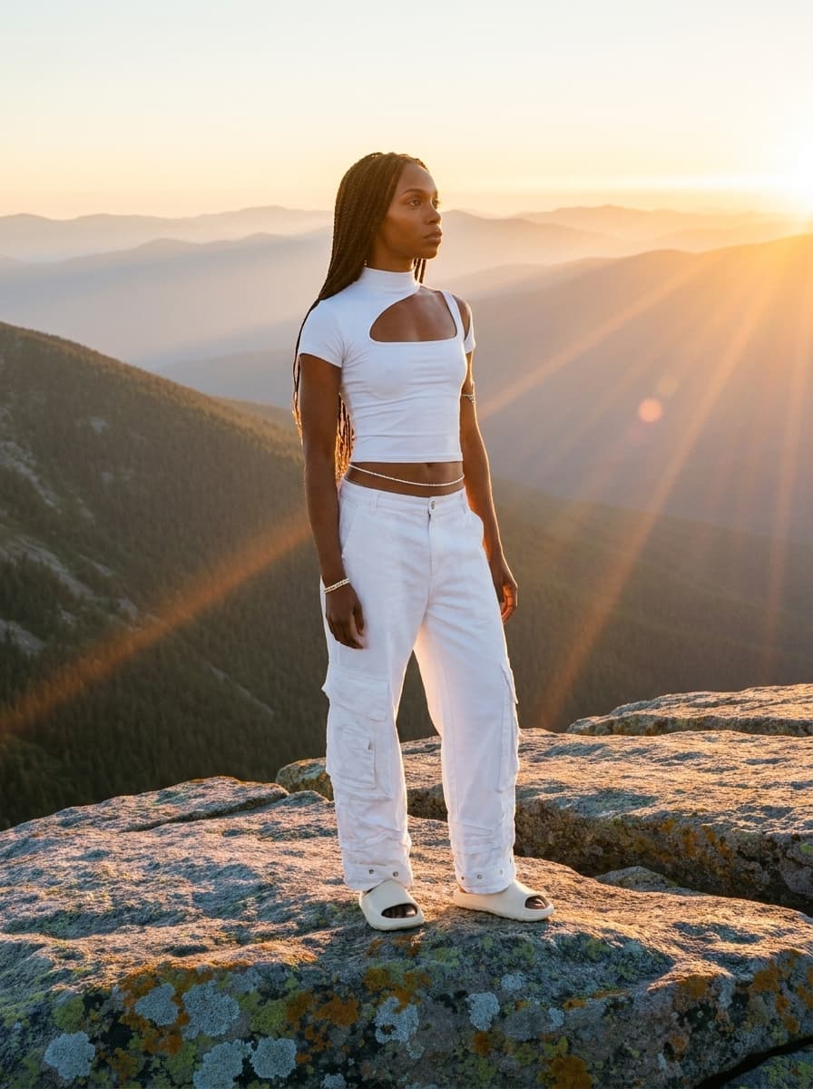 pants photoshoot with Aaliyah in Sunrise Mountain Ledge — Golden Peak, Analog Film style