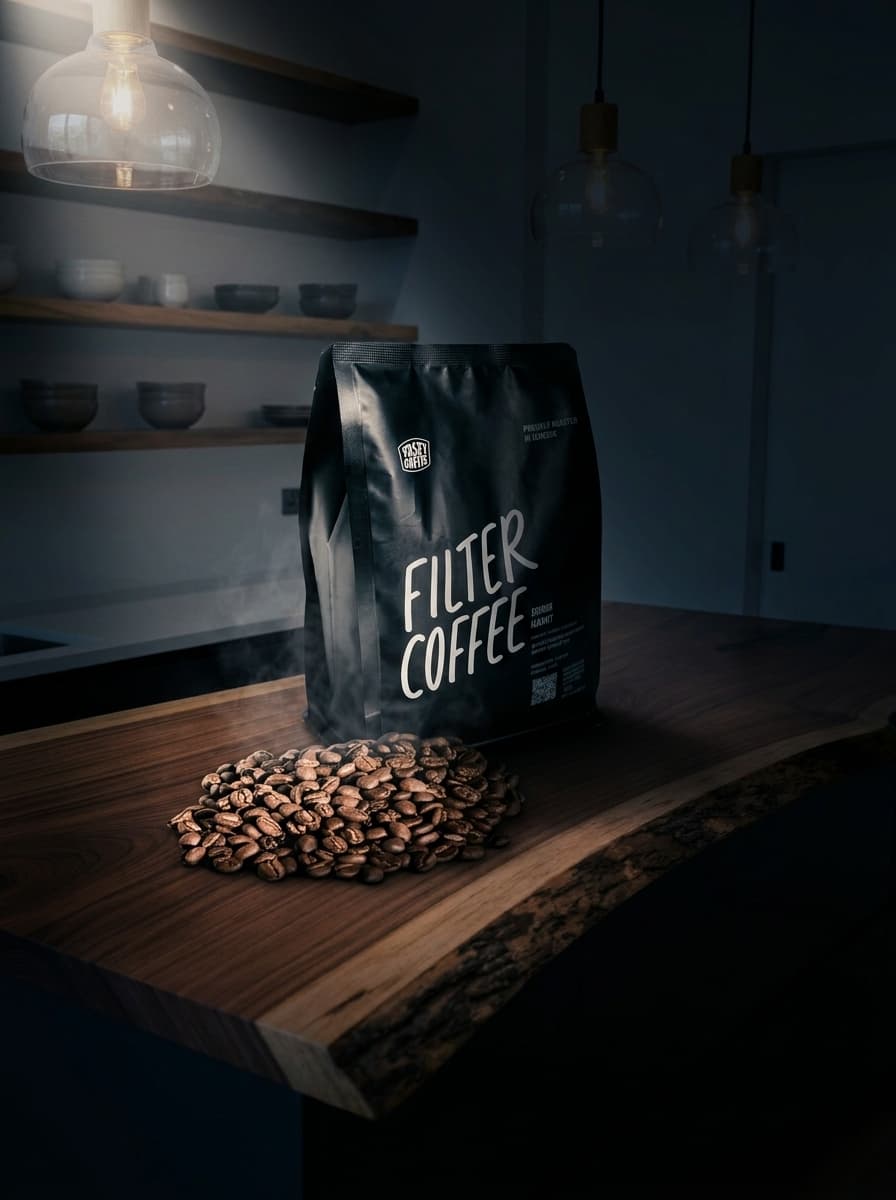 coffee photoshoot in Live Edge Counter — Artisan Kitchen, Dark & Moody style