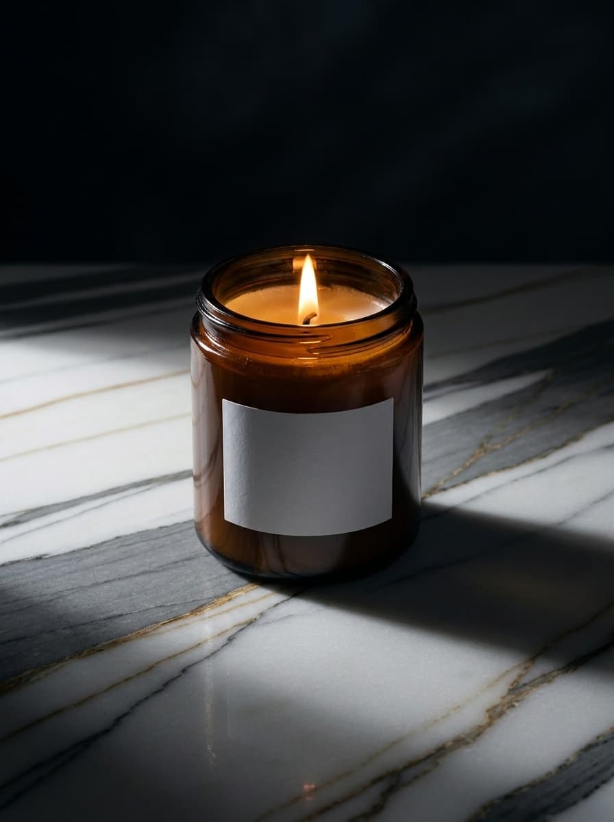 candle photoshoot in Calacatta Marble Surface — Veined Luxury, Luxury Dark style