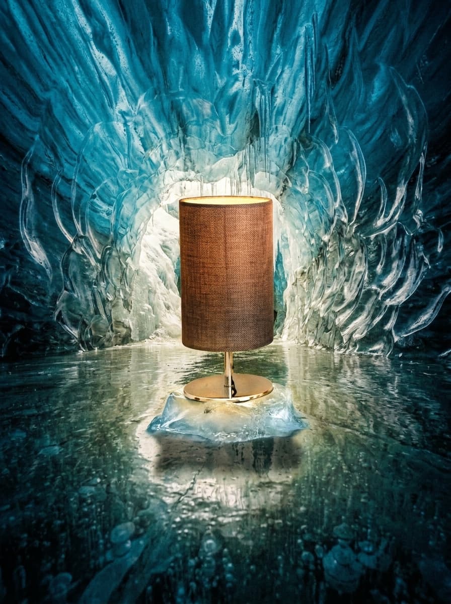 lamp photoshoot in Ice Cave Blue Interior, Disposable Camera style