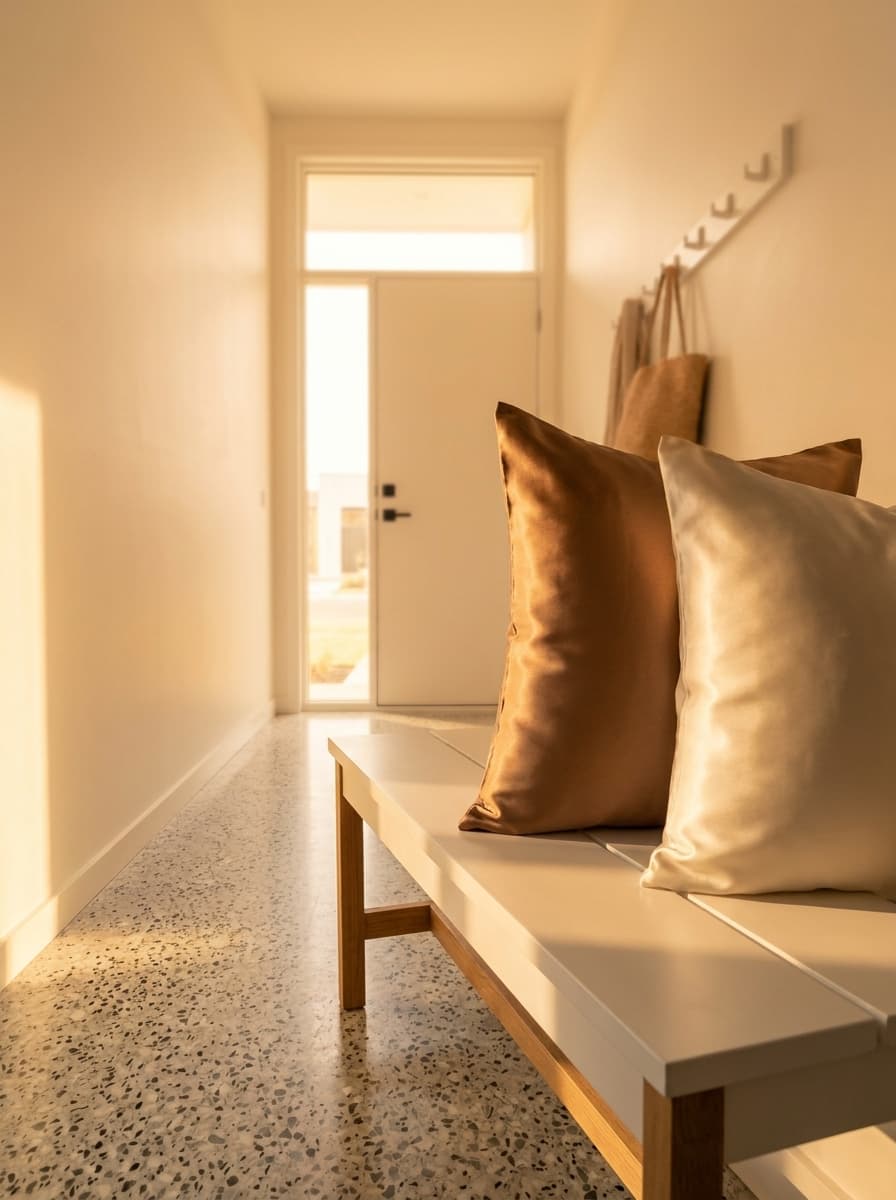 pillow photoshoot in Bright Modern Entryway, Golden Hour style